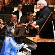 Mitsuko Uchida, Sir Simon Rattle and the London Symphony Orchestra &copy; Barbican | Mark Allan