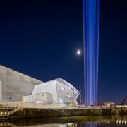 A beam of light is shot up to the sky in First Breath at Factory International, January 2023 &copy; Tomasz Kozak