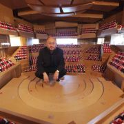 Yasuhisa Toyota in 10:1 scale model of Helsinki Music Centre Concert Hall © Nagata Acoustics