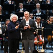 Sir Simon Rattle present Thomas Adès with the gold medal of the Royal Philharmonic Society &copy; BBC | Chris Christodoulou