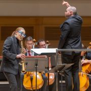 Jess Gillam, Ben Glassberg and the Scottish Chamber Orchestra &copy; Christopher Bowen (at Glasgow City Halls)