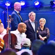 Zachary James, Philip Glass and Karen Kamensek with the Boston Symphony © Hilary Scott, courtesy of the BSO